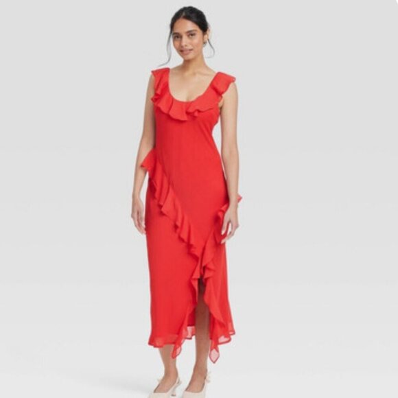 a new day Dresses & Skirts - a new day  NWT Red Ruffled Midi Dress Fairy Boho Feminine Cottage Wedding Dressy